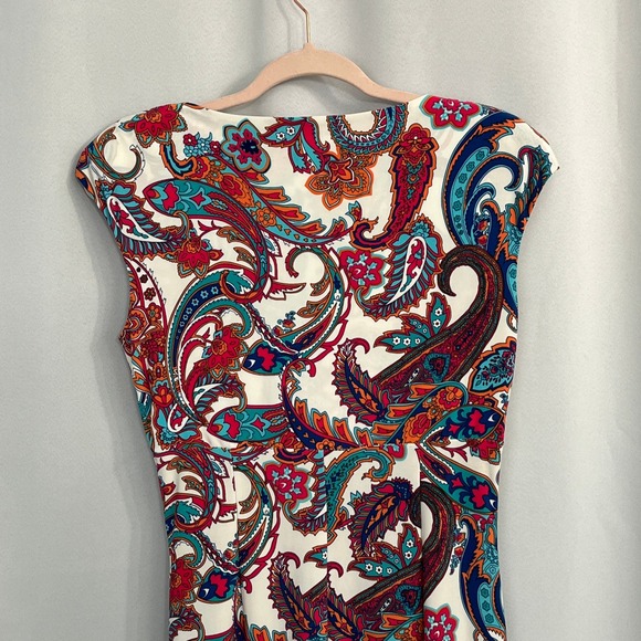 Lauren Ralph Lauren Paisley Sheath Dress Women Sz 6 Cap Sleeve Ruched Feminine - Picture 6 of 16